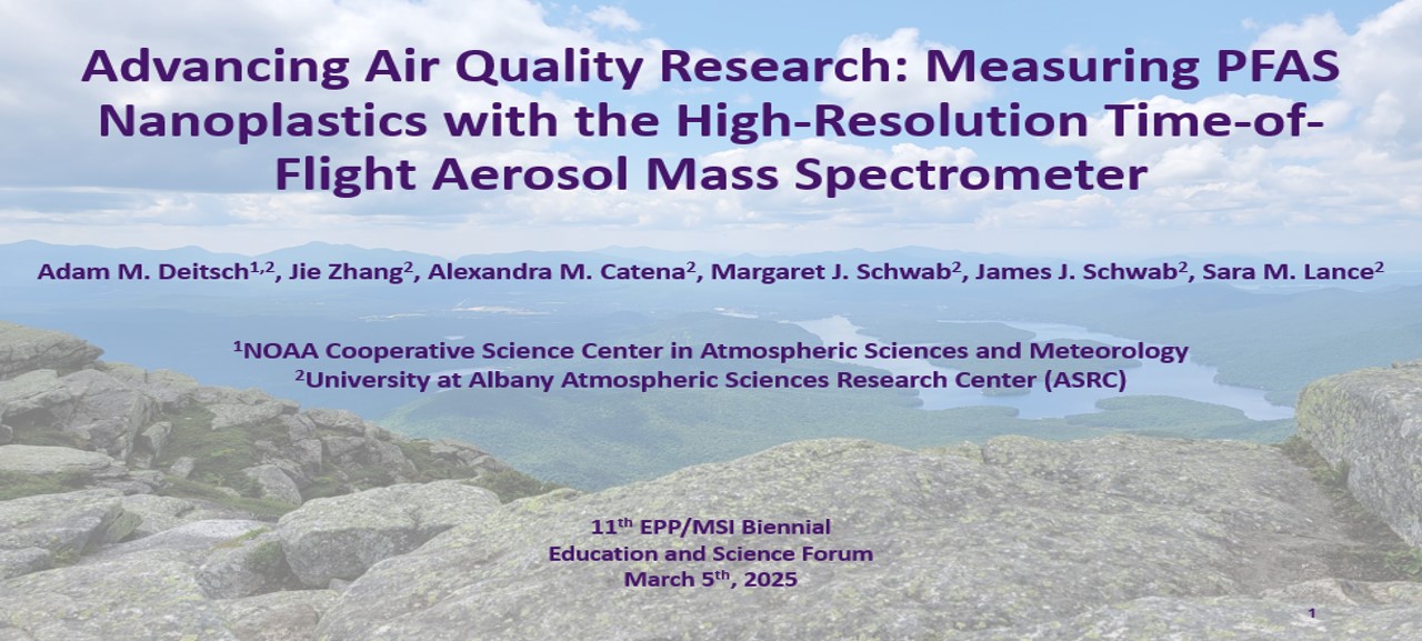 Title slide for a presentation: Advancing Air Quality Research: Measuring PFAS Nanoplastics with the High-Resolution Time-of-Flight Aerosol Mass Spectrometer